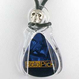 Bolo Skull Silver Bead Guitar Pick Necklace Clear Pick Holder Blue 