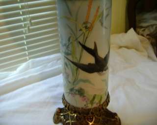Antique Signed Baccarat Banque Oil Lamp Barn Swallows or Chickadees 