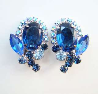 1960s Juliana DeLizza + Elster Rhinestone Earrings Blue  