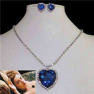 Romantic Titanic Heart of Ocean Necklace Earring Set Blue Swarovski 