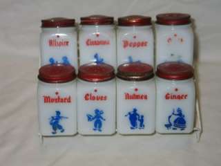 Vintage Tipp City Milk Glass Dutch Family Spice Jar Shaker Set w Rack 