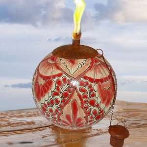  Mexican Pottery Tabletop Tiki Torch   Red Botanical Design 