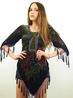 Vtg VELVET Beaded METALLIC Crochet PEACOCK Tassel FRINGE Mini Dress 