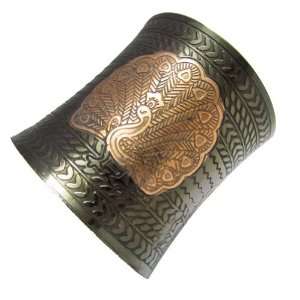  Iba Engraved Peacock Brass Black Cuff Adjustable Gold Tone 