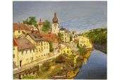 European Village River Landscape Oil Painting  