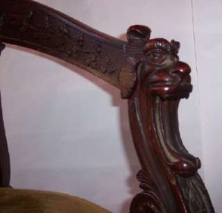 Decoratively Carved Victorian Upholstered Chair   Gargoyle Head Arms 