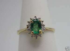 Ladies 14k Gold Ring 6x4 mm Emerald & Diamond Cluster  