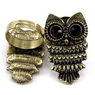 Vintage Solid Black Eyes Dangle Owl Ring gold R203  