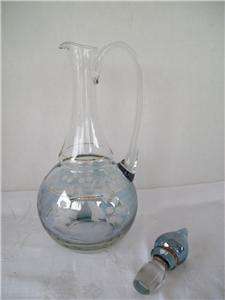   Wine Decanter Carafe Etched Glass Blue Tint Gold Stopper Mint!  
