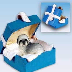   Lhasa Apso Puppy Cut Blue Gift Box Dog Ornament   Gray