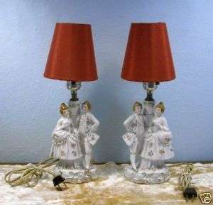 vintage bed boudoir lamp pair doll lover figures french  