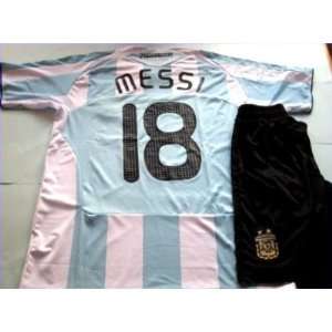  Argentina Home # 18 Messi size L with shorts soccer jersey 