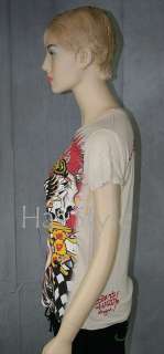 ED Hardy T Shirt Angel Pin Up Womens Beige HOLLYWOOD  