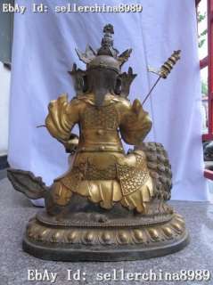 Tibet Folk Temple Bronze gold Kubera Dharmapala on Foo Dog Lion statue 