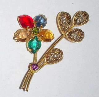 VINTAGE AUSTRIA COLOR GLASS + BRASS FLORAL BROOCH  