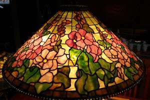   Stained Art Glass Lamp Shade Hollyhock 28 Wide Beaded Edge  