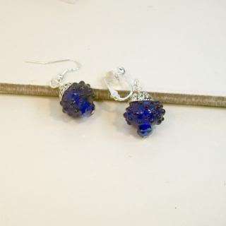 Handmade earrings huge bumpy cobalt bead n cap choice clip on or 