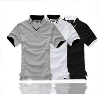 New Men Collision Stand up collar polo shirts Cross trim V neck tops 