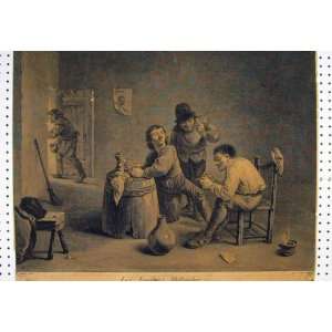  C1880 Engraving Canot Men Sitting Drinking Barrel Smoke 