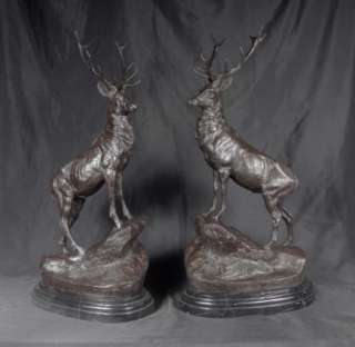 Pair Bronze Stags Signed Moigniez Stag Moose Elk  