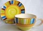 Festive Ceramic Cup and Saucer Sunny Yellow Stripes Blue Orange Large 