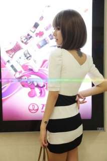 Women Korea Stripes Puff Sleeve Spliced Mini Dress  