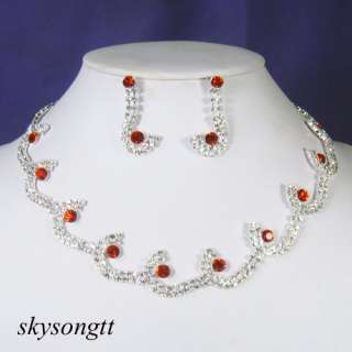 Swarovski Ruby Crystal Bridal Gold Necklace Set T007R  