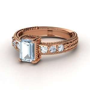   Ring, Emerald Cut Aquamarine 14K Rose Gold Ring with Diamond Jewelry