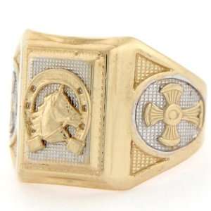    10k Solid Two Tone Gold Lucky Horseshoe Cross Mens Ring: Jewelry