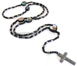 Black Hematite Cross drum Beads Rosary Rosaries Mens Necklace 32 