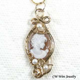 Hand Carved Shell Cameo Pendant 14K Rolled Gold Pearls  