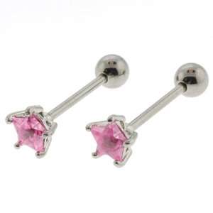  Tongue Barbell with Pink, Star Shaped CZ, 5 Prong Set, 8mm 