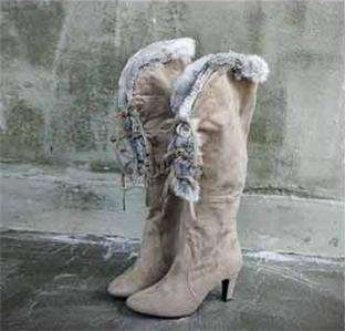 Women shoes chic rabbit fur trim knee high heeled boots  