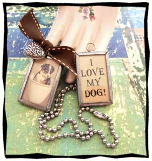   Paper Glass Pendant Necklace~I LOVE MY DOG Tea Cup Puppy Dog  