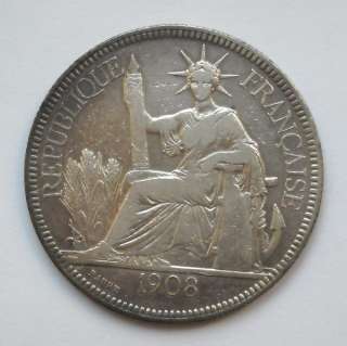 FRENCH INDO CHINA PIASTRE DE COMMERCE 1908 SILVER COIN  
