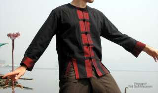 Open Collar Deep Red Silk Trim Chinese Cotton Shirt XXL  