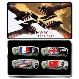  4pc World War II Folding Knives Set in a Tin Box Sports 