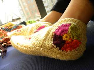   Winter Floral White Wool Woman Crochet Knit Bed Socks Slippers  