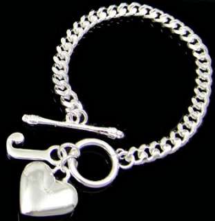 925Sterling Silver Curb Chain Bracelet W/ Heart Charm  