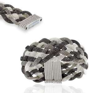    Silver Braided Mesh with Magnet Lock Tri Tone Bracelet Jewelry