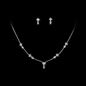  Silver Clear Crystal Dainty Necklace Earring Set Jewelry