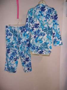 RALPH LAUREN White Blue Floral Print Pants Pajama Sleepwear Set Small 
