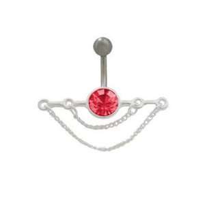  Dangler Chains Belly Button Ring with Red Gem Jewelry