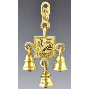  Saraswati Symbol Brass Wall Hanging Chime With 3 Bells, 7 