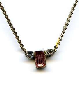   1928 Gold Tone DAINTY Clear Rhinestone PINK Baguette Pendant Necklace