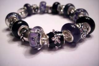 Premier European Charm Bracelet Black Purple Murano Bead Enamel LRM 