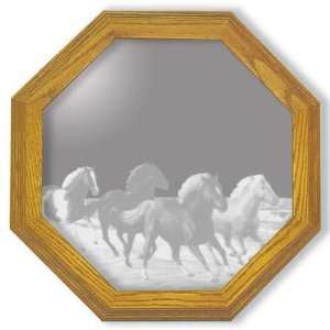 Etched Mirror Running Wild Horses in Solid Oak Octagon Frame  