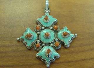 ANTIQUE STERLING TURQUOISE CORAL ORNATE CROSS PENDANT  