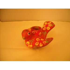  Mexican Red with Flowers Bird Candle Holder Pottery New 