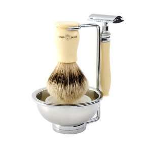   Ivory 4 Piece Shaving Set with Safety Razor & Silvertip Badger Brush